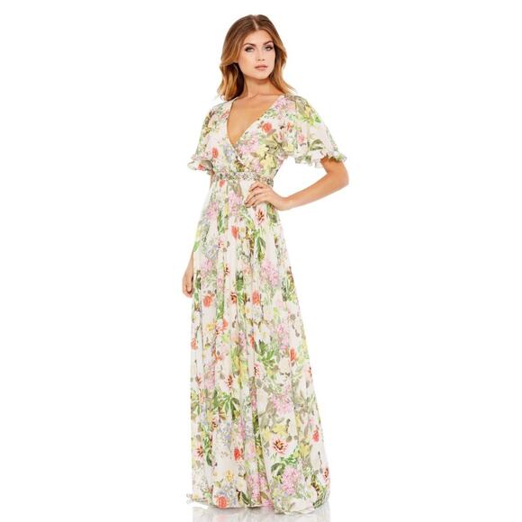 Mac Duggal Floral Print Faux Wrap Flutter Sleeve A-Line Gown Multicolor 4 NWT